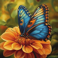 A vibrant blue and orange butterfly with intricate wing patterns perches delicately on a bright orange flower, surrounded by a soft green blur.