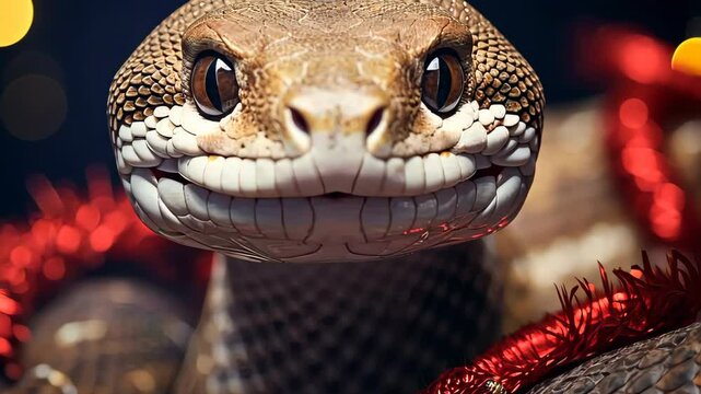 Snake displaying elegantly with a festive christmas garland