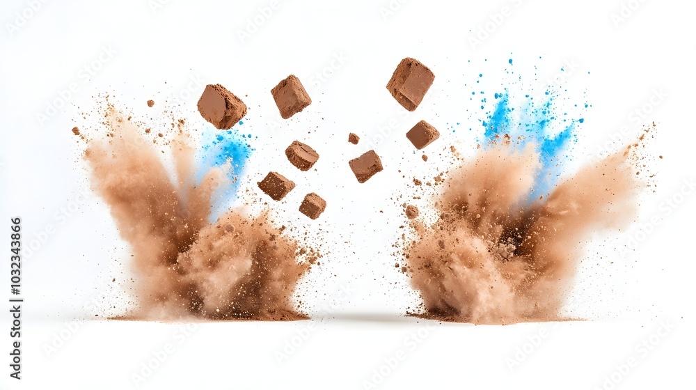 Poster vibrant chocolate colored powder explosively dispersing through the air creating a dynamic and energ