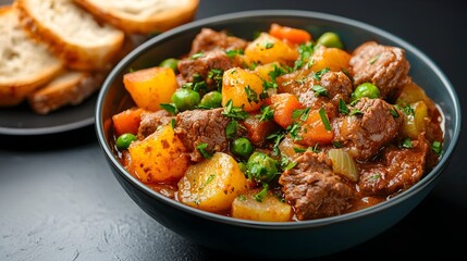 Fototapeta premium Comforting bowl of hearty beef stew with tender root vegetables like carrots potatoes and onions served alongside freshly baked homemade bread for a delicious and nourishing meal
