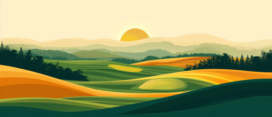 Sunrise Over Rolling Hills and Lush Forests