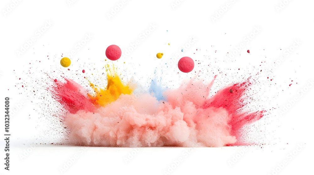 Poster energetic explosion of chocolate colored powder spreading out in vibrant particles against a white b