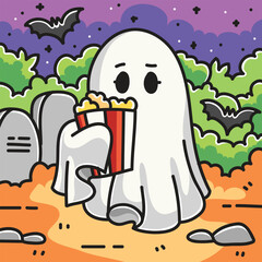 Cute Halloween Ghost Eating Popcorn. Halloween and Ghost. Scary Icon Concept Isolated Premium Vector. Flat Cartoon. Cartoon Illustration Style. Coloring Book. Suitable for Any Project
