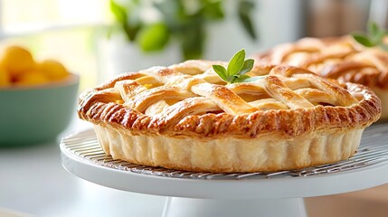 Freshly baked pies cooling on a windowsill in a cozy traditional kitchen setting showcasing the warmth and inviting aroma of homemade baked goods