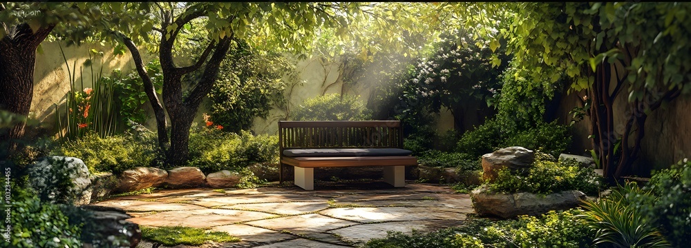 Poster 68. a serene garden setting with dappled sunlight, waiting for an item to showcase