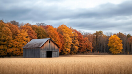 Rustic barn surrounded by vibrant autumn foliage