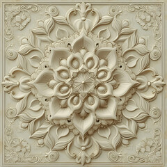 A detailed and intricate floral relief design featuring a symmetrical arrangement of leaves and petals on a soft, neutral background.