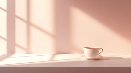One cup of coffee on plain table, warm lighting, cozy minimalism