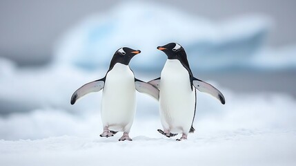 Fototapeta premium Two penguins face each other on snowy ground.