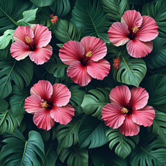 A vibrant arrangement of pink hibiscus flowers surrounded by lush green foliage, creating a tropical and cheerful atmosphere.