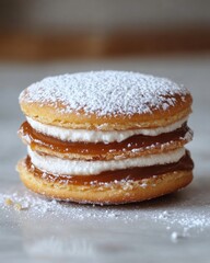 Gourmet alfajor with powdered sugar and visible layers of cookie and dulce de leche

