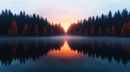 Serene autumn lake reflecting vibrant trees at dawn