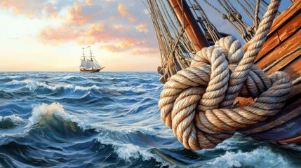 Obraz premium Focus on a weathered rope knot, with gentle waves and a wooden ship sailing under the soft light of dawn, sailing detail, blending tranquility with the spirit of discovery