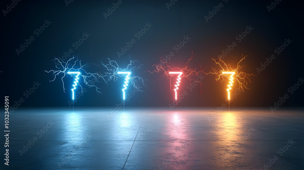 Fototapete Dramatic display of multicolored electrical sparks bursting forth in sharp lightning like branching patterns against a transparent background creating a high energy visually striking effect