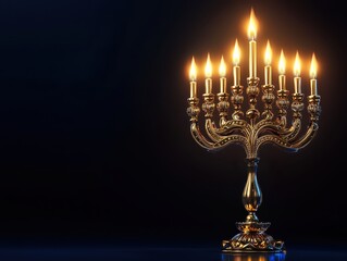 Fototapeta premium A beautifully lit menorah against a dark background, symbolizing the Jewish festival of Hanukkah with glowing candles in elegant detail.