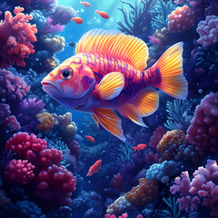 Obraz premium A vibrant fish swims amidst colorful coral reefs, showcasing the beauty of marine life in a vividly illuminated underwater scene.