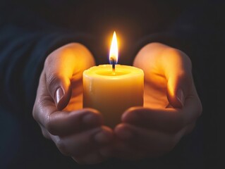 A pair of hands gently cradle a glowing candle, casting a warm light in the darkness, symbolizing hope, peace, and tranquility.