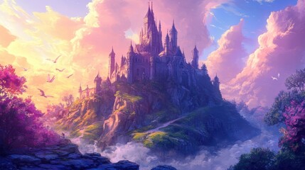 Naklejka premium A castle sits atop a cliff, surrounded by clouds.