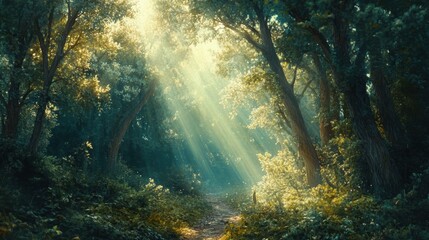 Sunlight streams through trees in a lush forest.