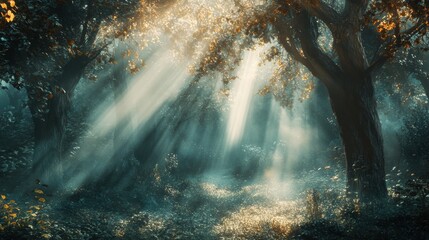Obraz premium Sunlight streams through misty forest trees.