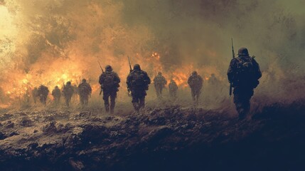 Fototapeta premium Silhouetted soldiers walking through smoke and fire.