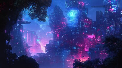 Neon cityscape with glowing buildings.