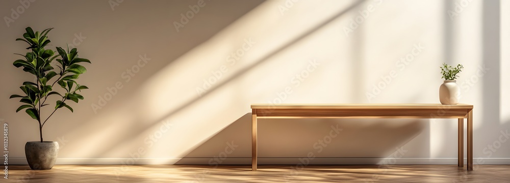 Poster 60. a simple wooden table in a soft-lit space, ideal for product display