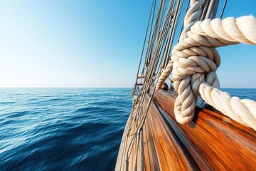 Obraz premium Rope knot secured on the wooden ship s mast, with sunlight bouncing off the calm, blue ocean below, sailing adventure, showcasing precision and maritime beauty