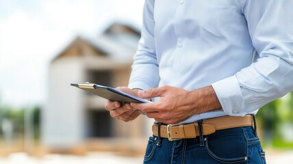 A man stands on a construction site, holding a clipboard, dressed in a blue patterned shirt and jeans, with a house structure in the background.