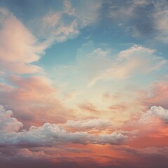 Fototapeta premium Serene Skyline. Fluffy Cumulus Clouds with Warm Hues and Soft Light. Cloudscape, Skyscape. Beautiful, Aesthetic Scene