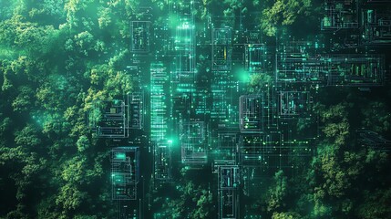 An aerial view of a forest with a digital grid overlay, symbolizing the intersection of nature and technology.