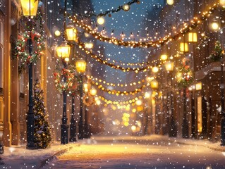 Charming winter street scene with twinkling lights and falling snow. Festive atmosphere captures the magic of the holiday season at night.