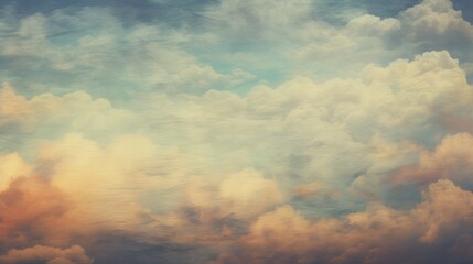 Fototapeta premium Serene Skyline. Fluffy Cumulus Clouds with Warm Hues and Soft Light. Cloudscape, Skyscape. Beautiful, Aesthetic Scene