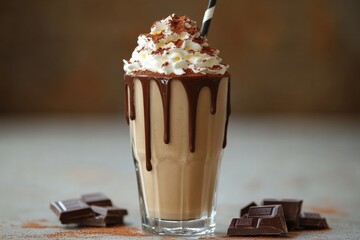 Creamy chocolate milkshake with chocolate drizzle and whipped cream in a tall glass

