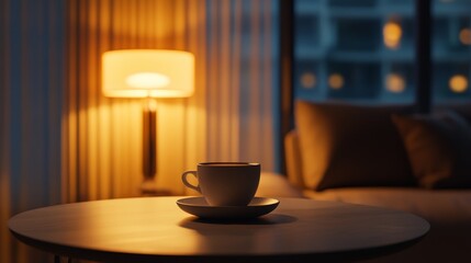 One cup of coffee on plain table, warm lighting, cozy minimalism