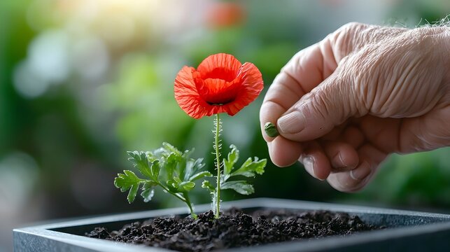 Veteran solemnly placing a red poppy flower on a war memorial during a commemorative Veterans Day ceremony honoring fallen soldiers and those who served