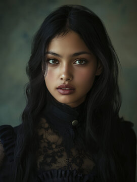 Portrait of Serious Young Woman in Formal Blouse with Tan Skin and Dark Hair