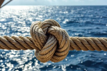 Fototapeta premium Rope knot tied firmly to the ship s deck, with shimmering water and distant horizon visible in the background, sailing tranquility, sense of calm adventure