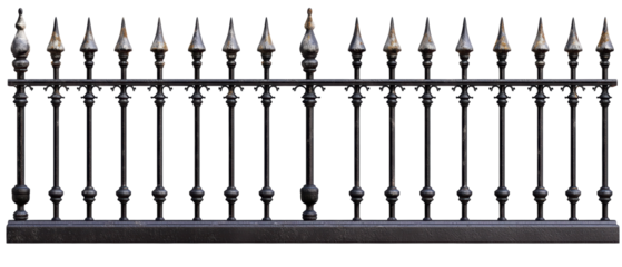 A decorative black iron fence with pointed tops, featuring symmetrical vertical bars, showcasing an elegant design.