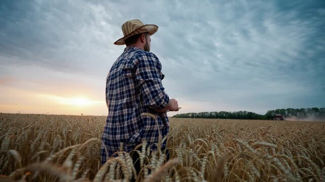 Farming and agricultural industry, farmer using tablet and walking in rye field . Cinematic slow motion shot in beautiful agricultural fields in summer, professional agronomist and modern technology