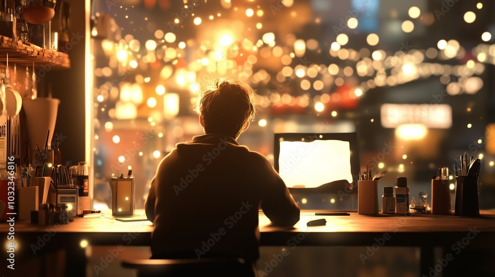Poster a person works at a desk, illuminated by a computer screen, while colorful lights twinkle through th
