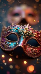 A close-up shot of an ornate masquerade mask with gold embellishments.