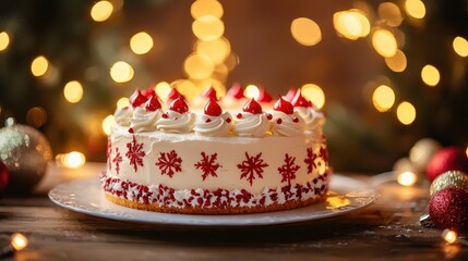 Festive holiday cake with decorative red and white frosting, surrounded by warm bokeh lights, evoking a joyful Christmas atmosphere.