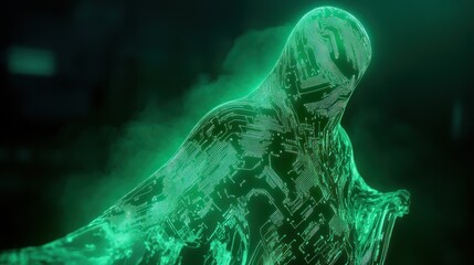 Naklejka premium Futuristic shrouded figure with glowing green circuits