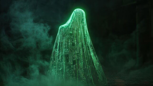 Digital ghost draped in circuit shrouded by fog.