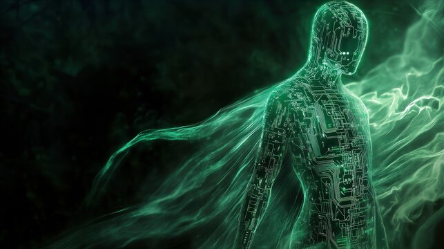 Circuit humanoid emerging from fog in dynamic scene.