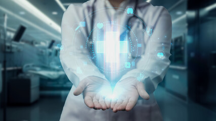 Close up of doctor holding medical cross icon floating at laboratory. Professional medical worker...