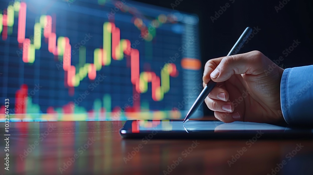 Poster hand using stylus on tablet with stock market graphs displayed on screen