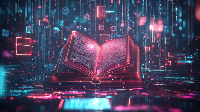 Futuristic digital book with holographic data streams and glowing neon elements