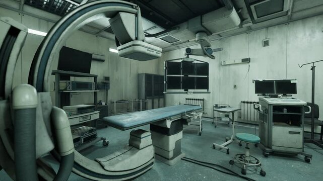 The interior of an abandoned hospital is filled with outdated medical equipment and a neglected operating table. Dust covers surfaces, reflecting the years of disuse and decay in the facility.